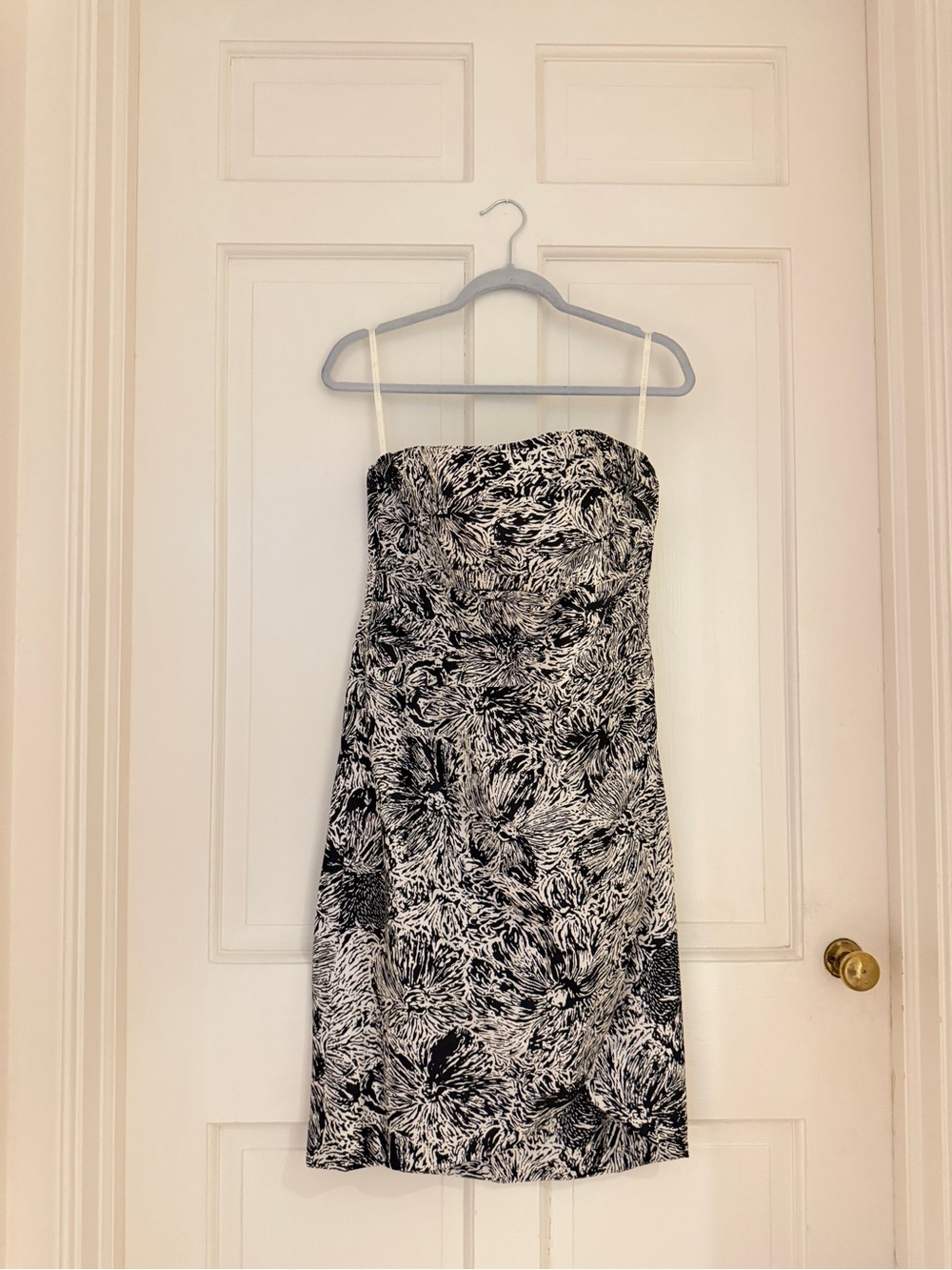 Strapless Black & White Floral Print Sheath Dress
